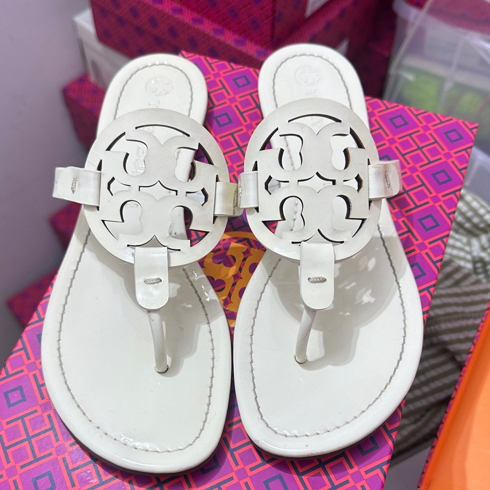 Tory Burch White Logo Thong Sandals